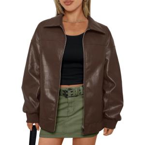 AUTOMET Womens Oversized Leather Jackets Zip Up Coats Faux Motorcycle Bomber Outfits Fall Trendy Fashion Winter Clothes 2025(Brown)