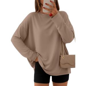 AUTOMET Women’s Oversized Long Sleeve Shirts Fall Trendy Tops Fashion Gym Baggy Basic Casual Loose Fit Workout Y2k Clothes(Khaki)