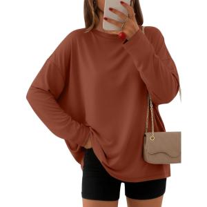 AUTOMET Women’s Oversized Long Sleeve Shirts Fall Trendy Tops Fashion Gym Baggy Basic Casual Loose Fit Workout Y2k Clothes(Maple)