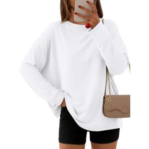 AUTOMET Women’s Oversized Long Sleeve Shirts Fall Trendy Tops Fashion Gym Baggy Basic Casual Loose Fit Workout Y2k Clothes(White)