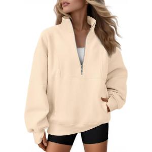 AUTOMET Womens Quarter Zip Oversized Sweatshirts Teen Fleece Pullover Hoodies 2025 Mock Neck Sweater Fall Workout Jacket(Apricot)