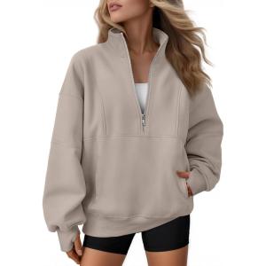 AUTOMET Womens Quarter Zip Oversized Sweatshirts Teen Fleece Pullover Hoodies 2025 Mock Neck Sweater Fall Workout Jacket(Beige)