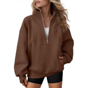 AUTOMET Womens Quarter Zip Oversized Sweatshirts Teen Fleece Pullover Hoodies 2025 Mock Neck Sweater Fall Workout Jacket(Brown)