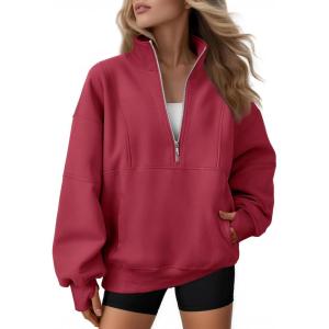 AUTOMET Womens Quarter Zip Oversized Sweatshirts Teen Fleece Pullover Hoodies 2025 Mock Neck Sweater Fall Workout Jacket(Red)