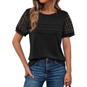 AUTOMET Women’s Short Sleeve Shirts Dressy Lace Summer Tops 2025 Spring Trendy Casual T-Shirts Cute Work Outfits Blouses(Black)