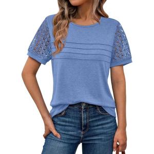 AUTOMET Women’s Short Sleeve Shirts Dressy Lace Summer Tops 2025 Spring Trendy Casual T-Shirts Cute Work Outfits Blouses(Blue)