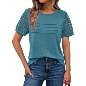 AUTOMET Women’s Short Sleeve Shirts Dressy Lace Summer Tops 2025 Spring Trendy Casual T-Shirts Cute Work Outfits Blouses(Blue Green)