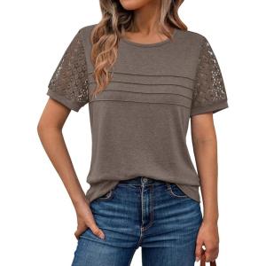 AUTOMET Women’s Short Sleeve Shirts Dressy Lace Summer Tops 2025 Spring Trendy Casual T-Shirts Cute Work Outfits Blouses(Coffee Grey)