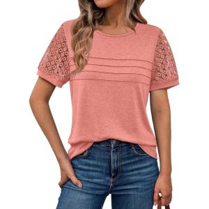 AUTOMET Women’s Short Sleeve Shirts Dressy Lace Summer Tops 2025 Spring Trendy Casual T-Shirts Cute Work Outfits Blouses(Coral)