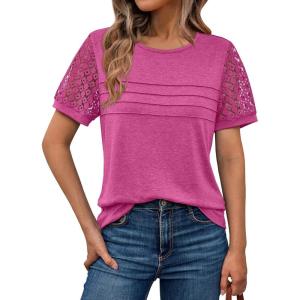 AUTOMET Women’s Short Sleeve Shirts Dressy Lace Summer Tops 2025 Spring Trendy Casual T-Shirts Cute Work Outfits Blouses(Fuscia)