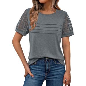 AUTOMET Women’s Short Sleeve Shirts Dressy Lace Summer Tops 2025 Spring Trendy Casual T-Shirts Cute Work Outfits Blouses(Grey)