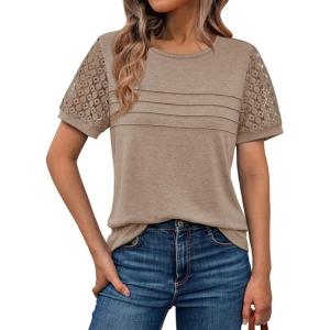 AUTOMET Women’s Short Sleeve Shirts Dressy Lace Summer Tops 2025 Spring Trendy Casual T-Shirts Cute Work Outfits Blouses(Khaki)