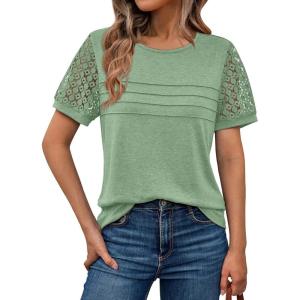 AUTOMET Women’s Short Sleeve Shirts Dressy Lace Summer Tops 2025 Spring Trendy Casual T-Shirts Cute Work Outfits Blouses(Light Green)