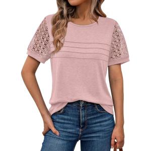 AUTOMET Women’s Short Sleeve Shirts Dressy Lace Summer Tops 2025 Spring Trendy Casual T-Shirts Cute Work Outfits Blouses(Pink)