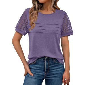 AUTOMET Women’s Short Sleeve Shirts Dressy Lace Summer Tops 2025 Spring Trendy Casual T-Shirts Cute Work Outfits Blouses(Purple)