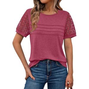 AUTOMET Women’s Short Sleeve Shirts Dressy Lace Summer Tops 2025 Spring Trendy Casual T-Shirts Cute Work Outfits Blouses(Rose)