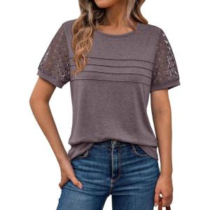 AUTOMET Women’s Short Sleeve Shirts Dressy Lace Summer Tops 2025 Spring Trendy Casual T-Shirts Cute Work Outfits Blouses(Rose Taupe)