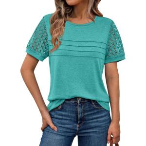 AUTOMET Women’s Short Sleeve Shirts Dressy Lace Summer Tops 2025 Spring Trendy Casual T-Shirts Cute Work Outfits Blouses(Teal)