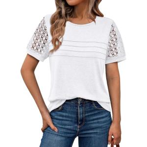 AUTOMET Women’s Short Sleeve Shirts Dressy Lace Summer Tops 2025 Spring Trendy Casual T-Shirts Cute Work Outfits Blouses(White)