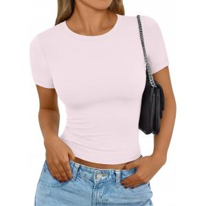 AUTOMET Womens Short Sleeve T Shirts Basic Summer 2025 Workout Tops Crew Neck Gym Crop Tops Trendy Y2K Clothes(Light Pink)
