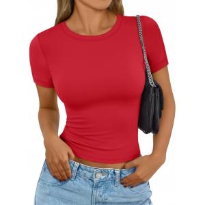 AUTOMET Womens Short Sleeve T Shirts Basic Summer 2025 Workout Tops Crew Neck Gym Crop Tops Trendy Y2K Clothes(Red)