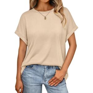 AUTOMET Womens Summer Tops Oversized Short Sleeve Business Casual T Shirts Trendy Fashion Clothes Spring Outfits 2025(Apricot)