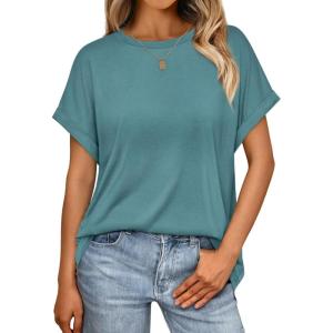 AUTOMET Womens Summer Tops Oversized Short Sleeve Business Casual T Shirts Trendy Fashion Clothes Spring Outfits 2025(Blue Green)