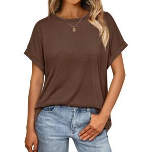 AUTOMET Womens Summer Tops Oversized Short Sleeve Business Casual T Shirts Trendy Fashion Clothes Spring Outfits 2025(Brown)