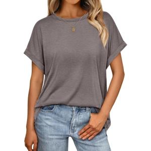 AUTOMET Womens Summer Tops Oversized Short Sleeve Business Casual T Shirts Trendy Fashion Clothes Spring Outfits 2025(Coffee Grey)