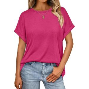 AUTOMET Womens Summer Tops Oversized Short Sleeve Business Casual T Shirts Trendy Fashion Clothes Spring Outfits 2025(Hot Pink)