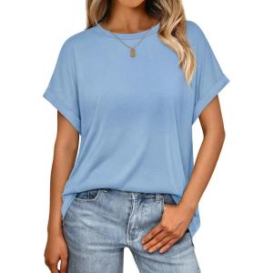 AUTOMET Womens Summer Tops Oversized Short Sleeve Business Casual T Shirts Trendy Fashion Clothes Spring Outfits 2025(Light Blue)