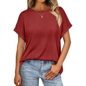 AUTOMET Womens Summer Tops Oversized Short Sleeve Business Casual T Shirts Trendy Fashion Clothes Spring Outfits 2025(Red)