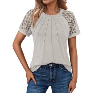 AUTOMET Womens Summer Tops Spring Shirts Trendy Vacation Outfits Short Sleeve Business Tshirts Fashion Casual Blouses(Beige)