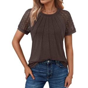 AUTOMET Womens Summer Tops Spring Shirts Trendy Vacation Outfits Short Sleeve Business Tshirts Fashion Casual Blouses(Brown)