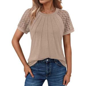 AUTOMET Womens Summer Tops Spring Shirts Trendy Vacation Outfits Short Sleeve Business Tshirts Fashion Casual Blouses(Khaki)