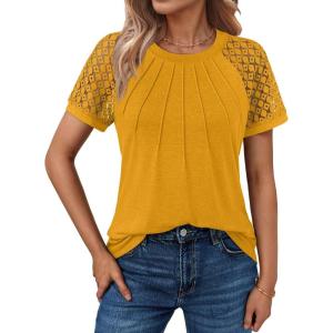 AUTOMET Womens Summer Tops Spring Shirts Trendy Vacation Outfits Short Sleeve Business Tshirts Fashion Casual Blouses(Yellow)