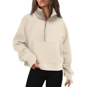 AUTOMET Womens Sweatshirts Half Zip Cropped Pullover Fleece Quarter Zipper Hoodies 2025 Fall Fashion Outfits Clothes(Beige)
