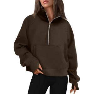 AUTOMET Womens Sweatshirts Half Zip Cropped Pullover Fleece Quarter Zipper Hoodies 2025 Fall Fashion Outfits Clothes(Coffee)