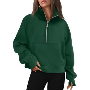 AUTOMET Womens Sweatshirts Half Zip Cropped Pullover Fleece Quarter Zipper Hoodies 2025 Fall Fashion Outfits Clothes(Dark Green)