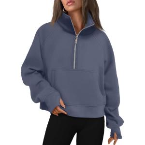 AUTOMET Womens Sweatshirts Half Zip Cropped Pullover Fleece Quarter Zipper Hoodies 2025 Fall Fashion Outfits Clothes(Greyblue)