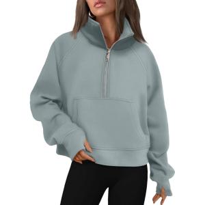 AUTOMET Womens Sweatshirts Half Zip Cropped Pullover Fleece Quarter Zipper Hoodies 2025 Fall Fashion Outfits Clothes(Greygreen)