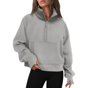 AUTOMET Womens Sweatshirts Half Zip Cropped Pullover Fleece Quarter Zipper Hoodies 2025 Fall Fashion Outfits Clothes(Light Grey)