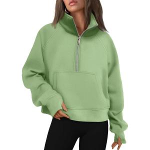 AUTOMET Womens Sweatshirts Half Zip Cropped Pullover Fleece Quarter Zipper Hoodies 2025 Fall Fashion Outfits Clothes(Lightgreen)
