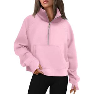 AUTOMET Womens Sweatshirts Half Zip Cropped Pullover Fleece Quarter Zipper Hoodies 2025 Fall Fashion Outfits Clothes(Lightpink)