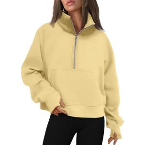 AUTOMET Womens Sweatshirts Half Zip Cropped Pullover Fleece Quarter Zipper Hoodies 2025 Fall Fashion Outfits Clothes(Lightyellow)