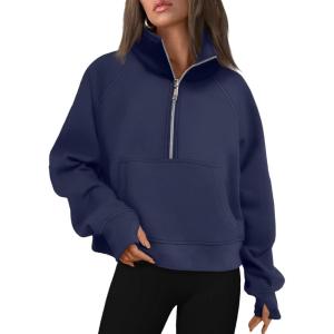 AUTOMET Womens Sweatshirts Half Zip Cropped Pullover Fleece Quarter Zipper Hoodies 2025 Fall Fashion Outfits Clothes(Navyblue)