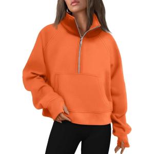 AUTOMET Womens Sweatshirts Half Zip Cropped Pullover Fleece Quarter Zipper Hoodies 2025 Fall Fashion Outfits Clothes(Orange)