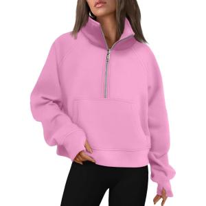 AUTOMET Womens Sweatshirts Half Zip Cropped Pullover Fleece Quarter Zipper Hoodies 2025 Fall Fashion Outfits Clothes(Pink)