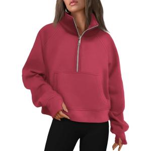 AUTOMET Womens Sweatshirts Half Zip Cropped Pullover Fleece Quarter Zipper Hoodies 2025 Fall Fashion Outfits Clothes(Red)