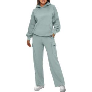 AUTOMET Womens Sweatsuits 2 Piece Outfits Fall Sweat Sets Lounge Hoodies and Cargo Pants Wide Leg with Pockets(Bluegreen)